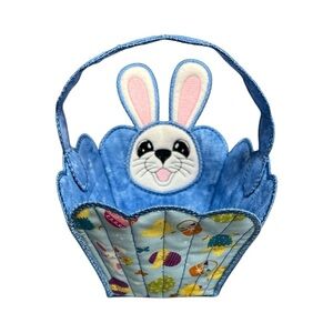 Hand Crafted Easter Basket Bunny with Handle Rabbit Embroidered Blue Kids Toy